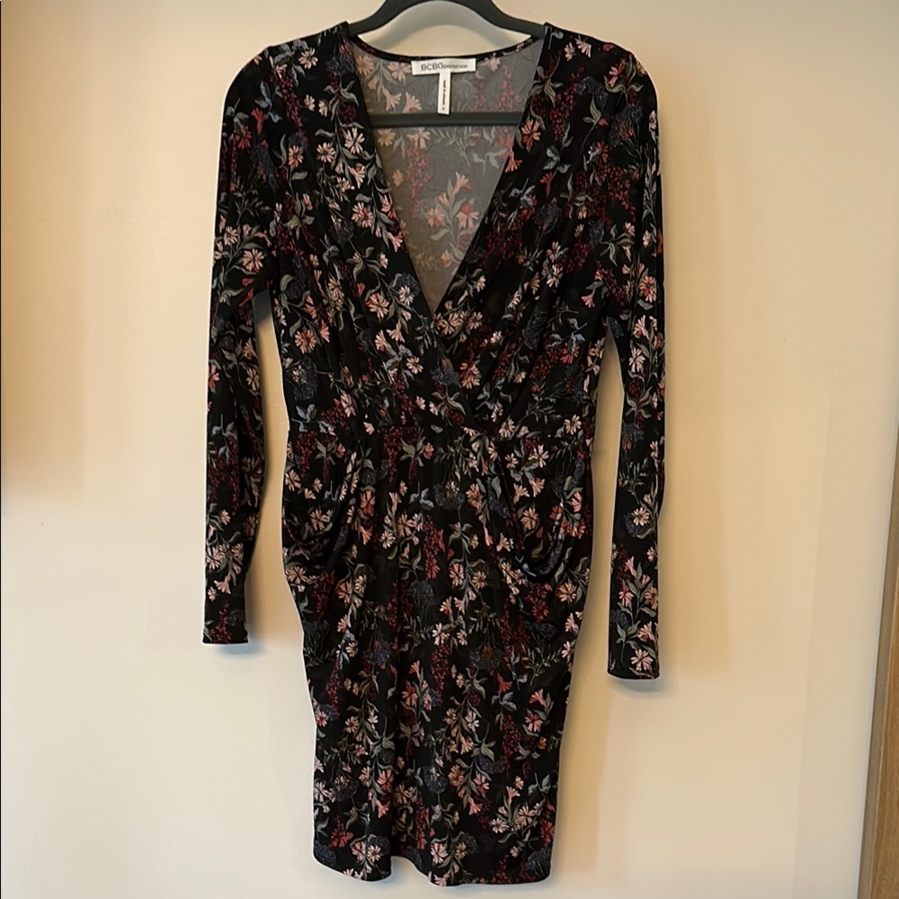 BCBGMaxAzria Black and Pink Floral V-Neck Long Sleeve Dress